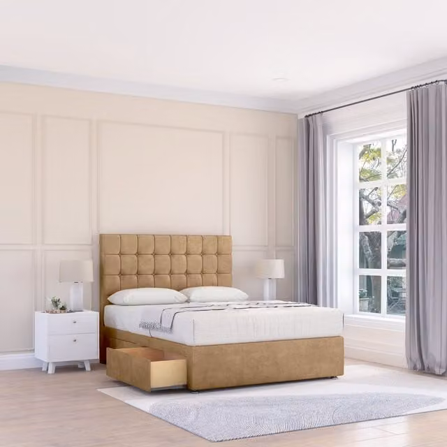 Sloomy Alabama Divan Bed Base and 26 inch Struts Headboard, Light Brown, Super King, W: 200 cm x D: 200 cm