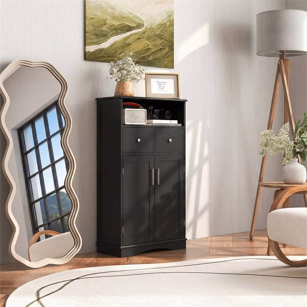 EONLION Black Matt Freestanding Bathroom Floor Storage Cabinet with Internal Drawers and Shelves – 4