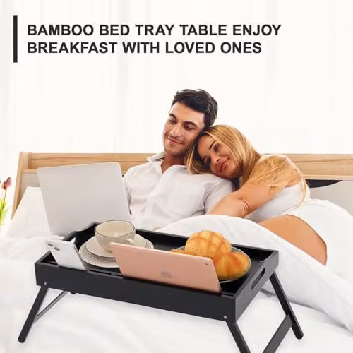 MantraRaj Bamboo Bed Tray Table with Foldable Legs and Carrying Handles, Black, W/D/H: 50.0 x 30.0 x 66.0 cm – 3