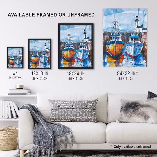 Artery8 Scottish Harbour Fishing Boats and Lighthouse Maritime Wall Art Poster Print, Multicolour, 46 x 61 cm – 3