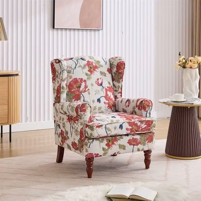 FURNITURE ONE Retro Wingback Armchair in Red Fabric with Solid Wood Legs, W/D/H: 75 x 71 x 96 cm – 1
