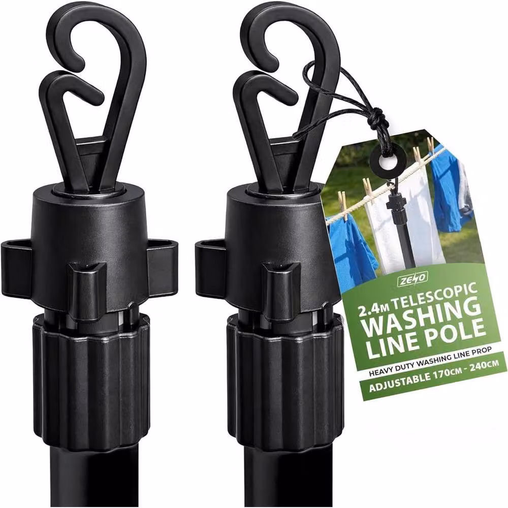 NESTLUNE Black 2.4m Telescopic Washing Prop Pole, 2 Pack – 2