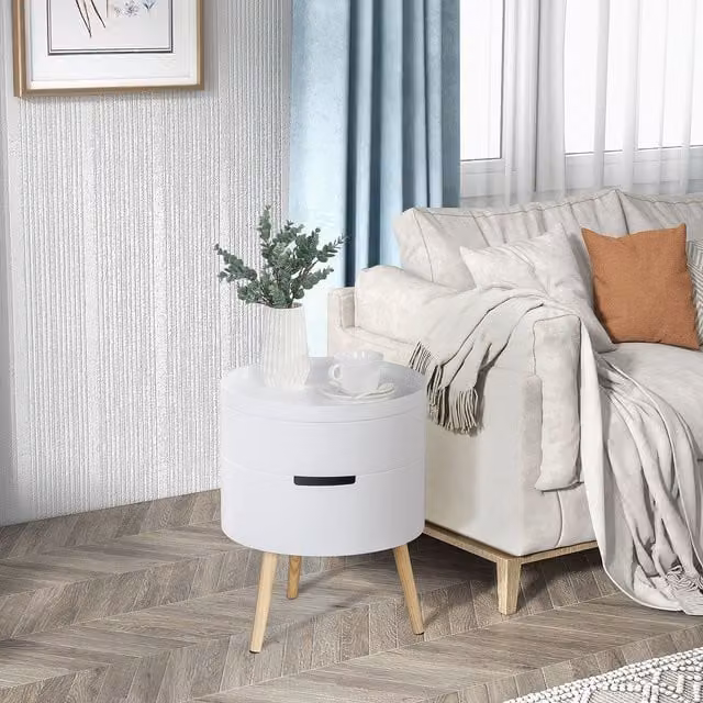 HOMCOM Round Side Table with Detachable Tray in White
