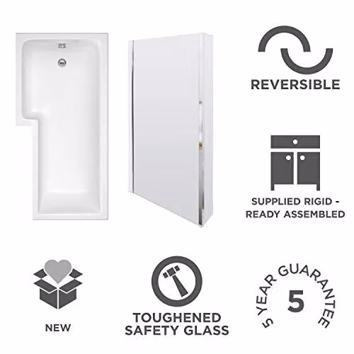 Nuie SBATH05 Modern Square Left Hand Shower Bath with Quattro Bath Screen and Side Panel, White, W: 1700 mm, D: 850 mm – 2