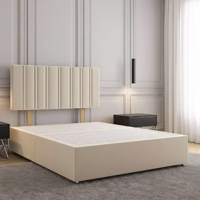 Regional Furnishings Luxury Plush Velvet Divan Bed with 24 inch Headboard in Beige, Super King, W: 200 cm x D: 200 cm