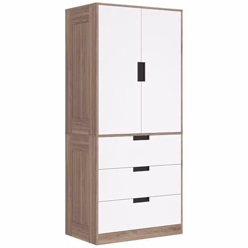 HOMCOM Modern 2 Door Wardrobe with 3 Internal Drawers and Hanging Rail, Brown and White, W/D/H: 80 x 50 x 180 cm