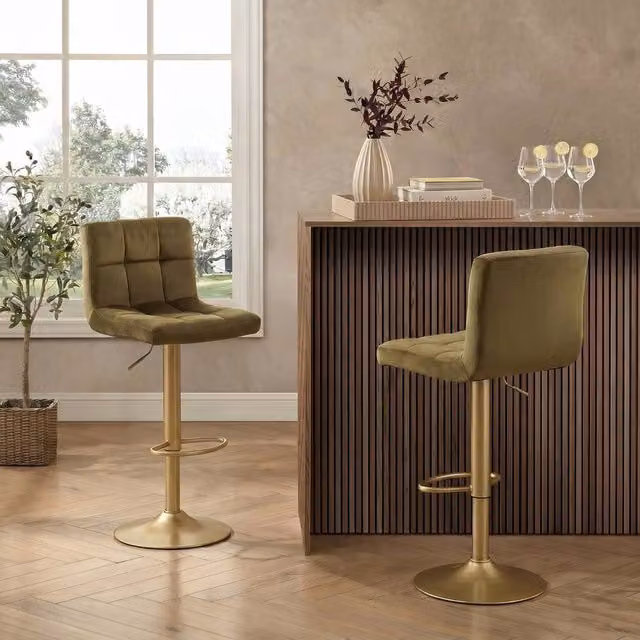 OHS Set of 2 Adjustable Velvet Swivel Bar Stools in Green