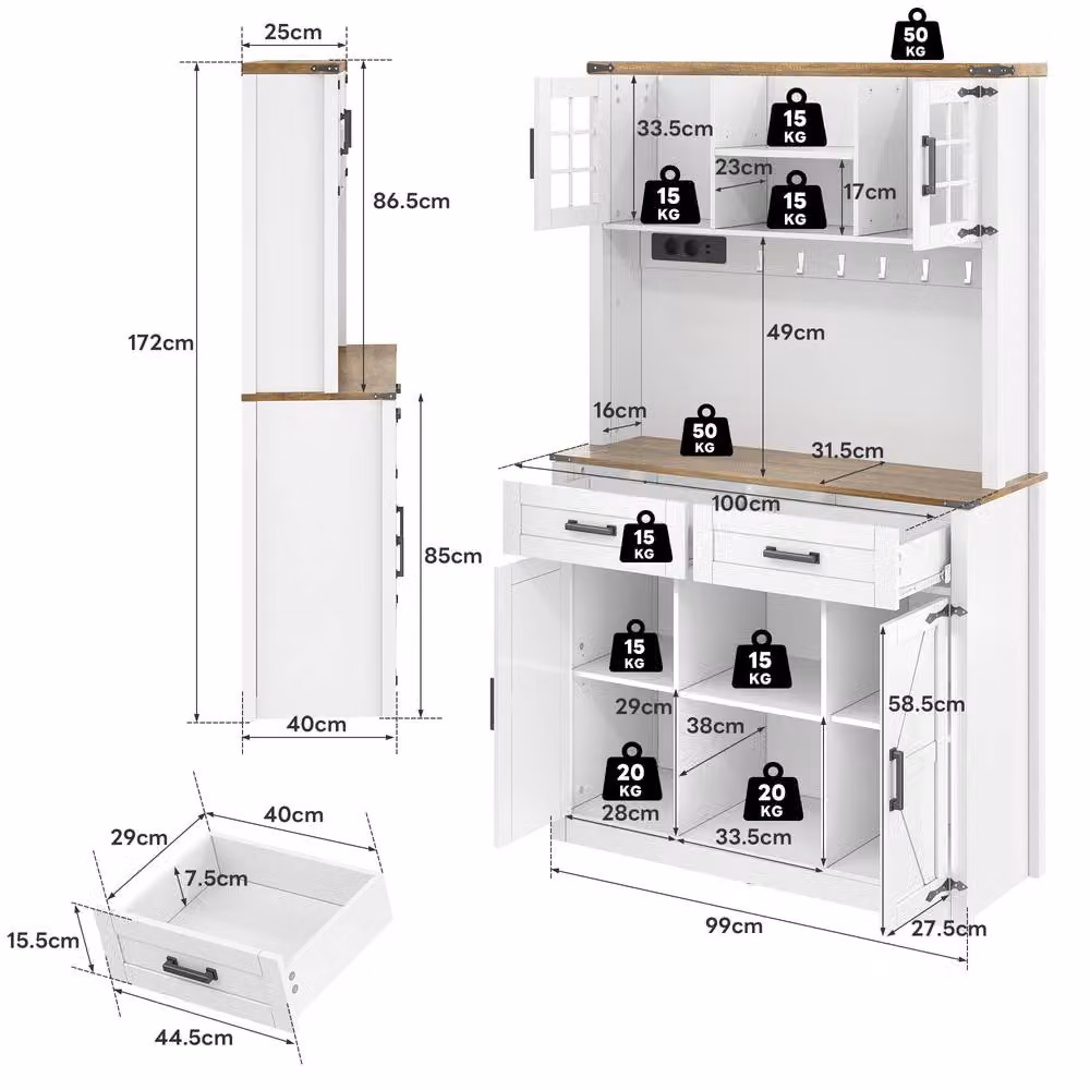 BTM Modern White Kitchen Pantry Cabinet and Bar Sideboard with LED Drawers and Shelves – 4
