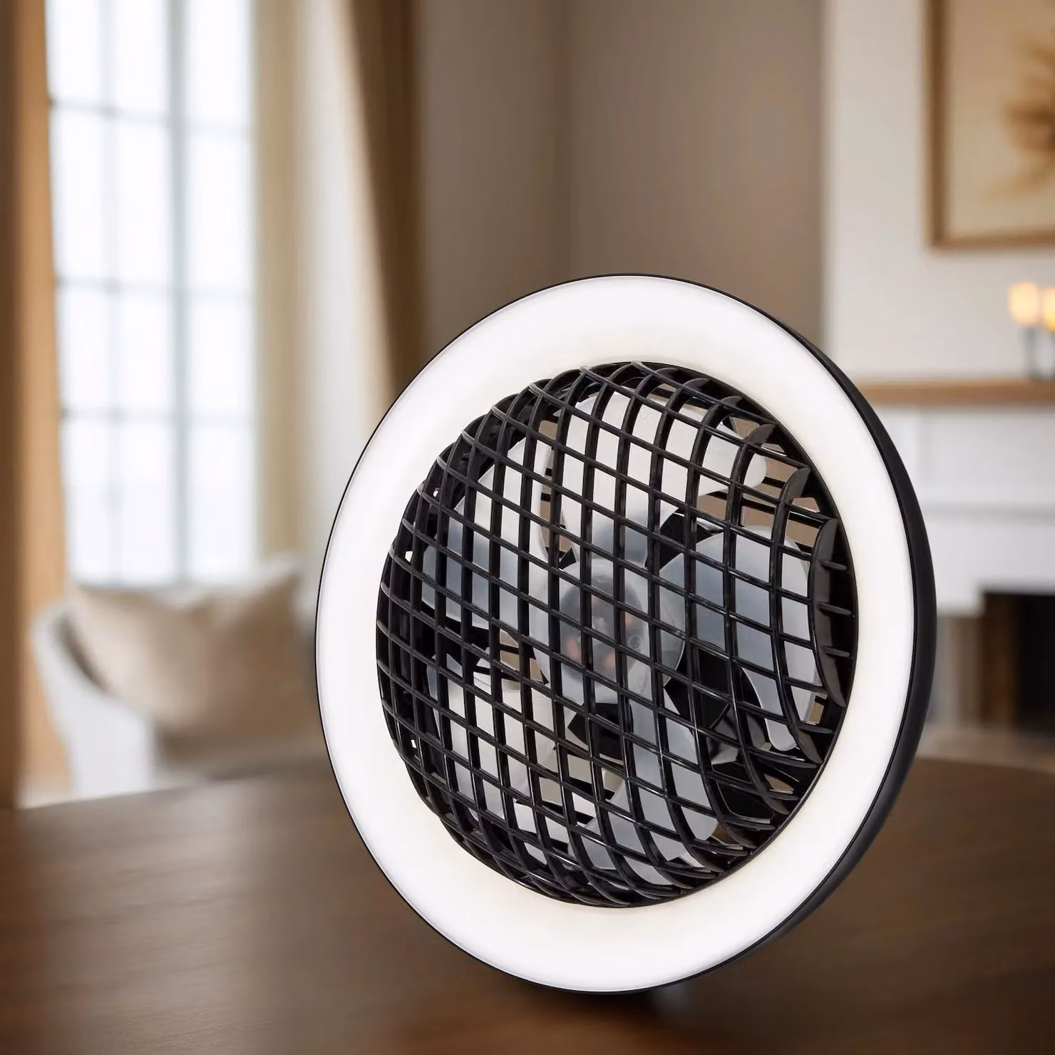 Happy Homewares Rechargeable 3 Speed Desk Fan with Dimmable LED Halo Ring Light in Black – 4