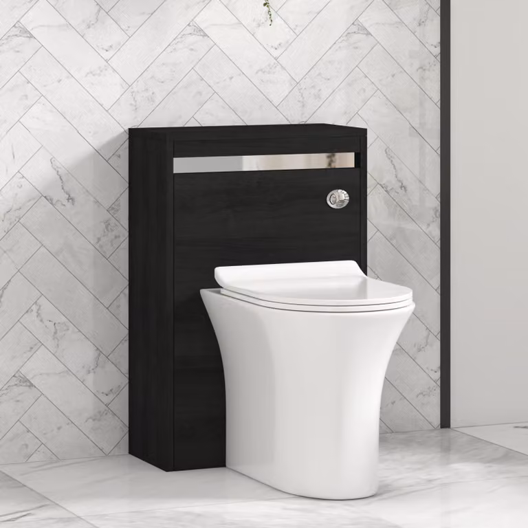 Royal Bathrooms Orion Hale Black BTW WC Unit with Breeze Rimless Toilet Pan, Slim Seat and Cistern, Chrome Accent Trim, Width: 54 cm