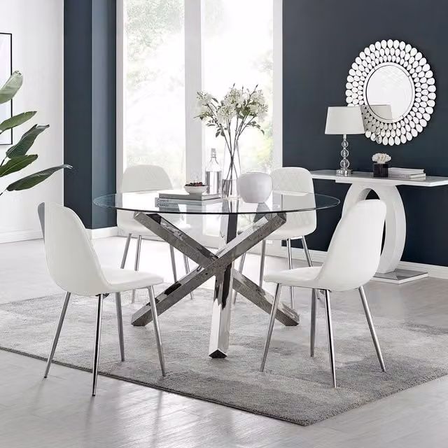 FurnitureboxUK Vogue Round Glass Dining Table and 4 Corona Silver Dining Chairs Set in White and Silver