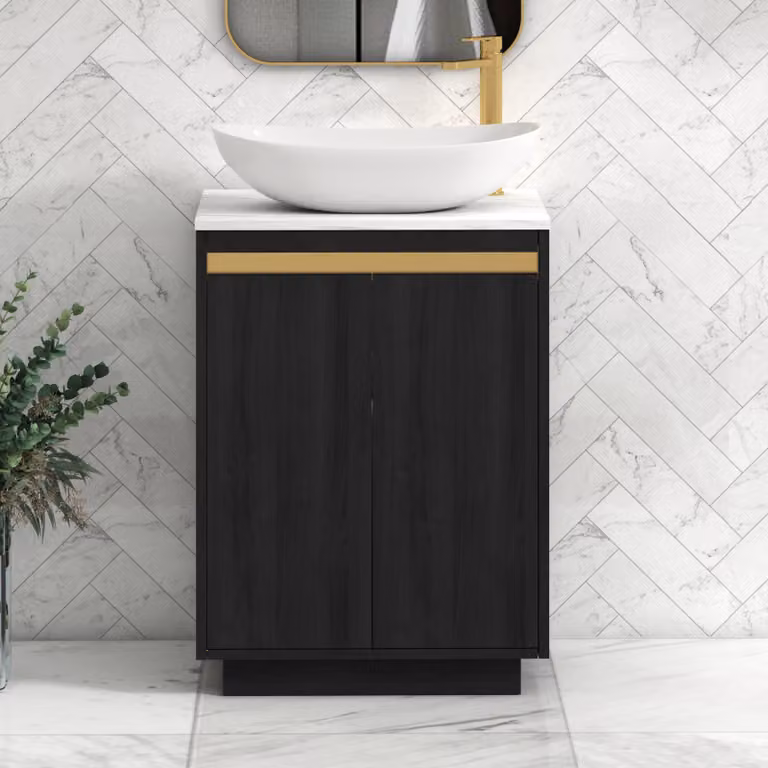 Royal Bathrooms Orion 800mm Hale Black Floor Standing 2 Door Vanity Unit with Carrara White Countertop, Cesar Basin and Brushed Brass Accent Trim