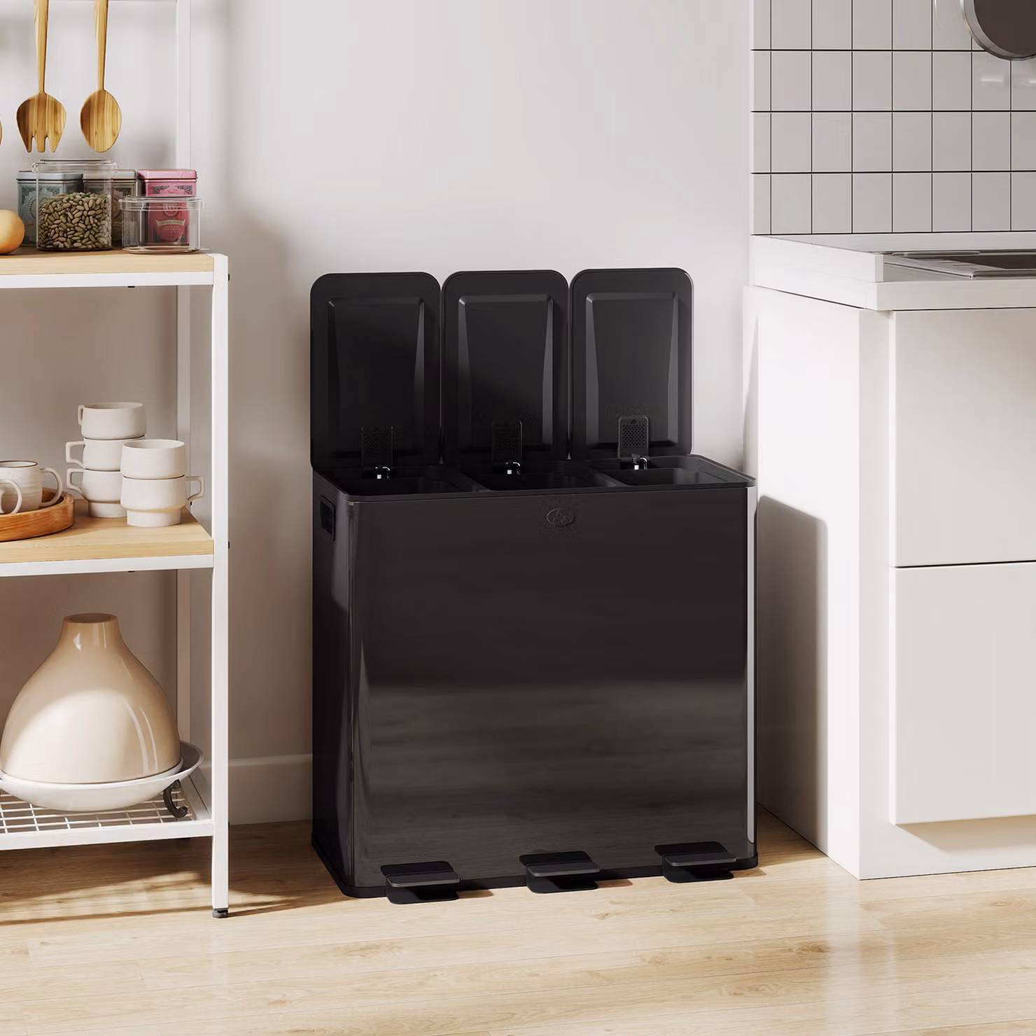 HOMCOM Triple Kitchen Pedal Bin, 3 x 20L Stainless Steel Bins with Soft Close Lids and Removable Inner Buckets, Black – 9