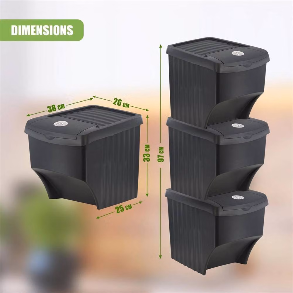 Nordara Set of 3 Large Stackable Plastic Recycling Bins with Flip Lids in Black – 2