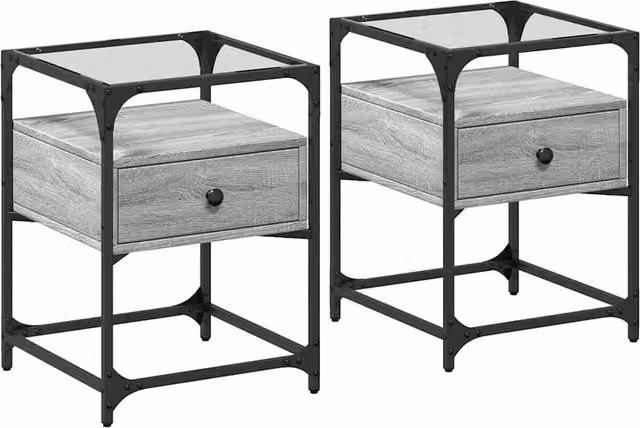 Berkfield Home Set of 2 Grey Sonoma Bedside Cabinets with Mirror Top, W/D/H: 40 x 40 x 55 cm