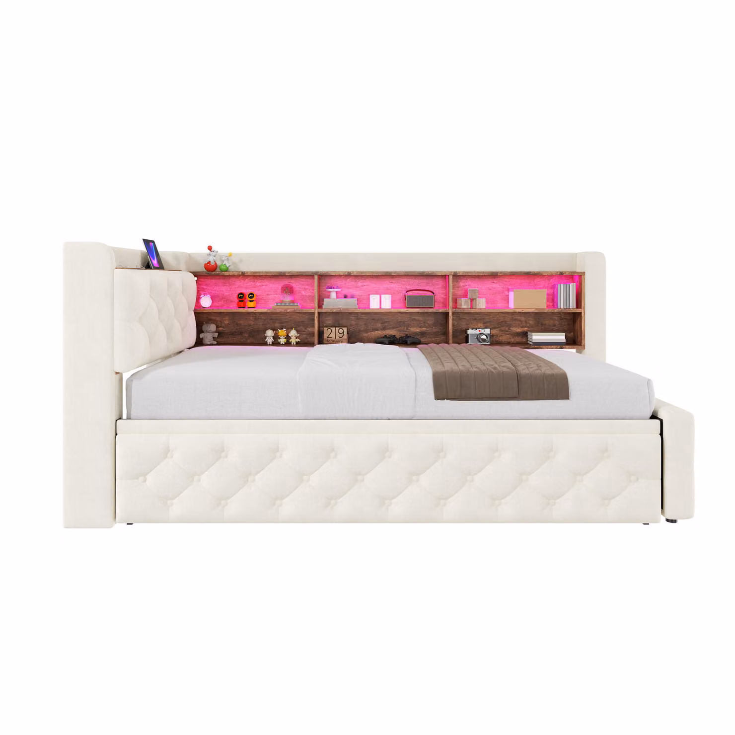 Aosom UK Beige Velvet Pull-Out Sofa Bed Frame with Wooden Headboard Shelf, LED Lighting and USB Charging, W/D/H: 211 x 91 x 84 cm – 2