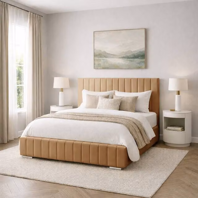 Desire Deco Plush Velvet Upholstered Bed Frame in Beige, W/D/H: 120 x 200 cm – 1