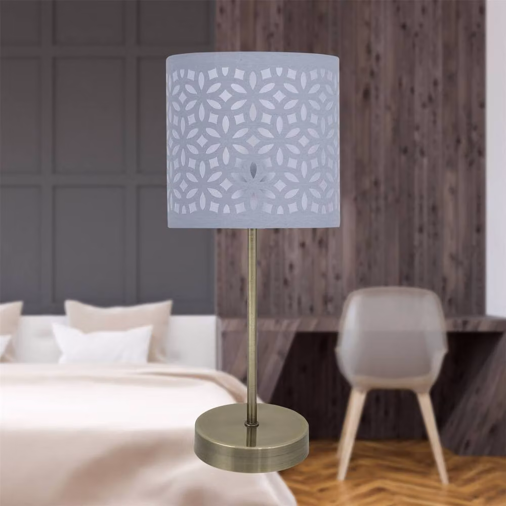 First Choice Lighting Antique Brass Stick Table Lamp with Grey Laser Cut Fabric Shade in Bronze – 4