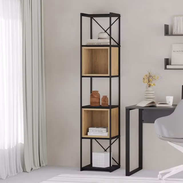 Decortie Vale Mini 5-Tier Bookcase with Adjustable Shelves, Black Wood and Oak Finish