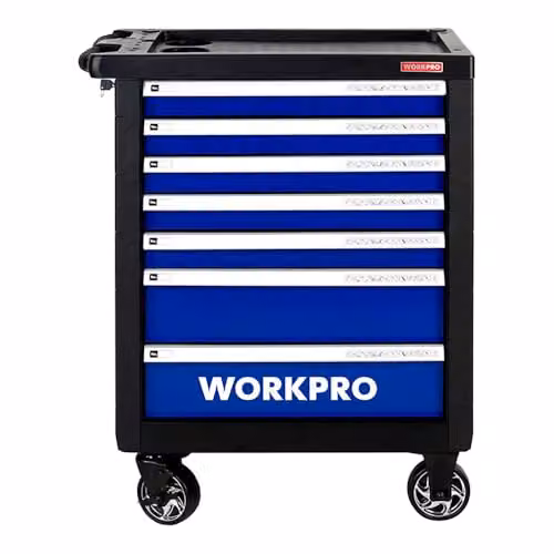 Workpro 7 Drawer Metal Workshop Trolley on Wheels in Black and Silver, H 79 x W 49 x D 49 cm – 2