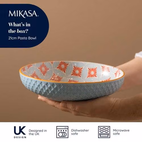 Mikasa Blue Mosaic Geometric Stoneware Coupe Pasta Bowl, 21 cm – 3