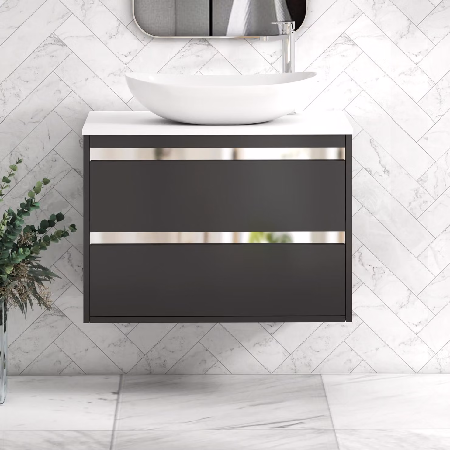 Royal Bathrooms Orion 800mm Wall Hung Vanity Unit with Cesar Basin and 2 Drawers in Matt Obsidian Black and Plain White with Chrome Accent Trim