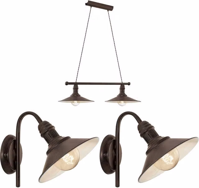 Loops Ceiling Pendant Light and 2x Matching Wall Lights in Beige and Wood with Antique Metal Shades