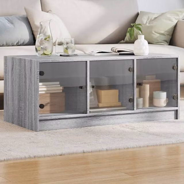 Berkfield Home Grey Sonoma Coffee Table with Glass Doors, W/D/H: 102 x 50 x 42 cm