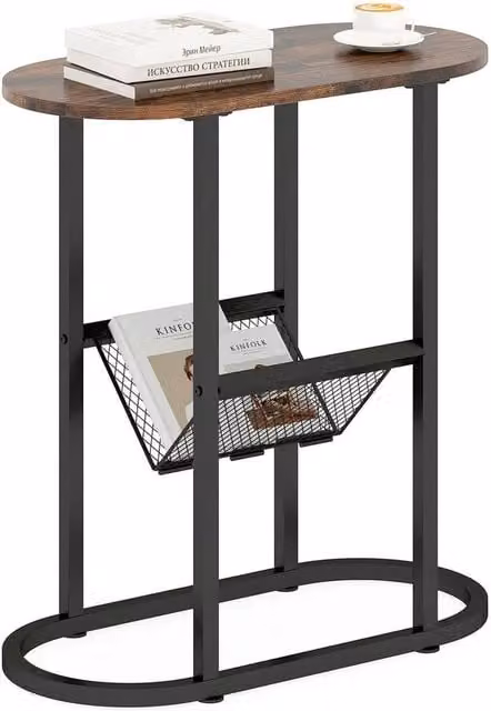 ERGOVEXA Set of 2 Narrow Side Tables with Magazine Holder in Brown Rustic Finish