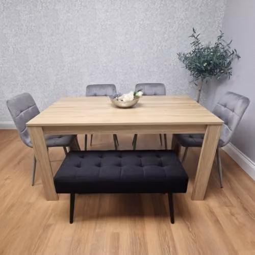 KOSY KOALA Modern Dining Set with Oak Effect Table, Bench and 4 Grey Velvet Chairs, W/D/H: 140 x 80 x 75 cm