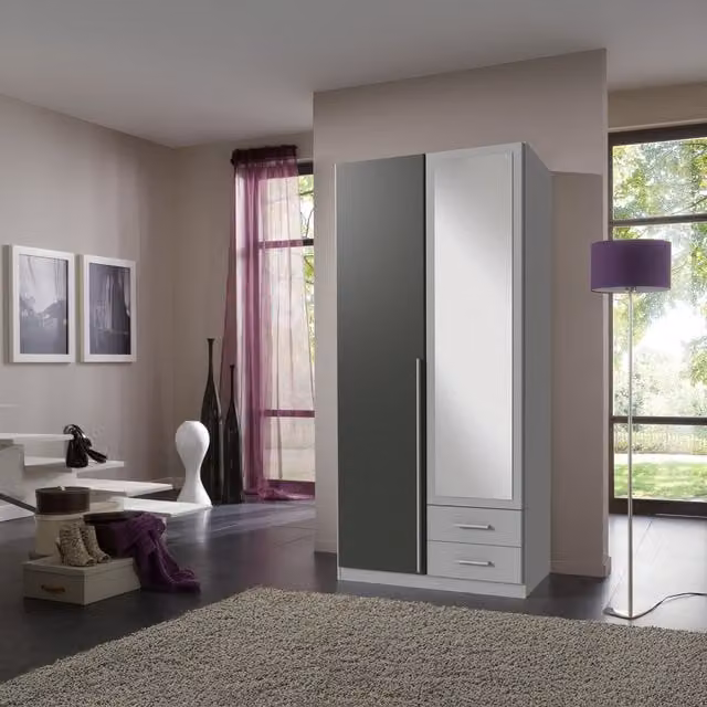 Husum Modern Grey 2 Door Wardrobe with Mirror and Internal Drawers