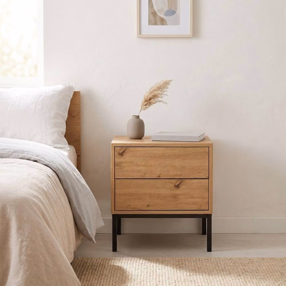 CALICOSY Lenny Bedside Table with 2 Drawers in Light Oak, H 50 cm x W 40 cm x D 45 cm – 2