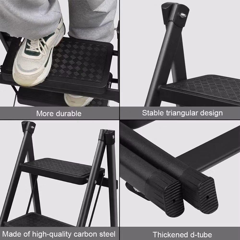 FLAVORA Black 3 Step Steel Folding Ladder with Rubber Feet – 6