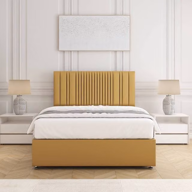 BSSPOKE Florence Single Divan Bed with 24 inch Headboard and Mattress in Mustard Yellow Plush Velvet, W/D/H: 90 x 190 cm