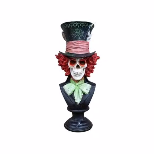 Gifts Direct 2 U Skeleton Bust Hatter Ornament, Multicolour Resin Halloween Tabletop Sculpture, H 38.0 cm x W 18.0 cm x D 16.0 cm