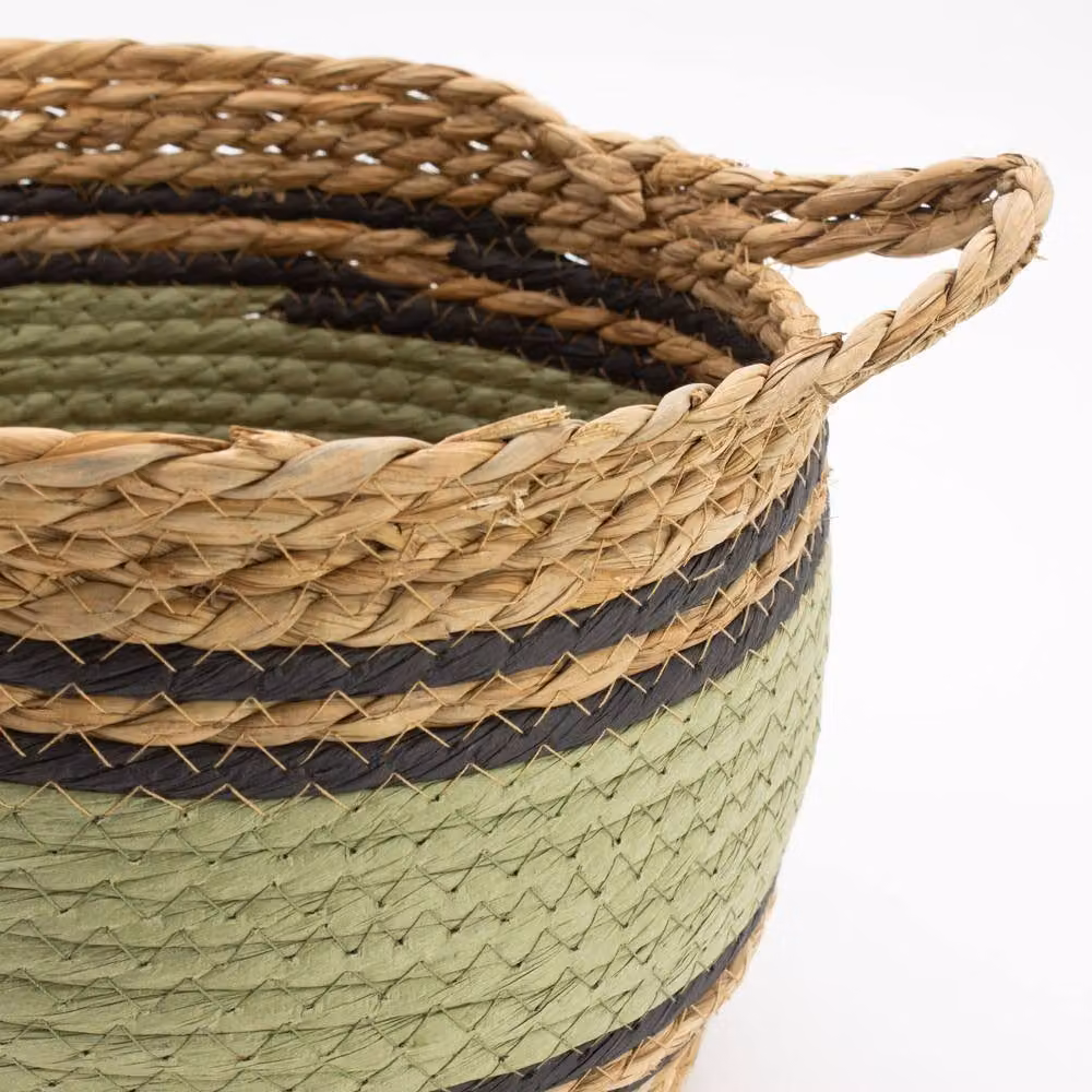 Serenityy Set of 3 Open Weave Seagrass and Fabric Baskets with Handles in Beige, Black and Green – 2