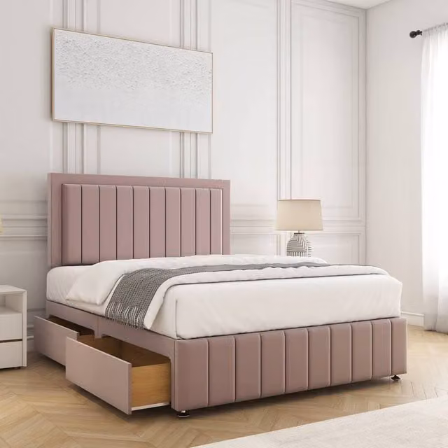 BSSPOKE Sophia Single Divan Bed with 24 inch Headboard, 2 Drawers and Mattress in Pink Plush Velvet, W/D/H: 90 x 190 cm