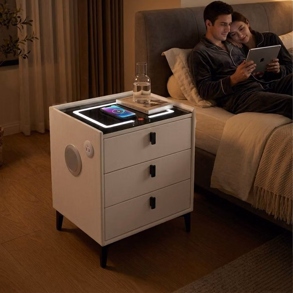 Sliding Wardrobes 4U Multifunctional White Bedside Table with Integrated LED Lighting, Charging Ports and Bluetooth Speaker – 3