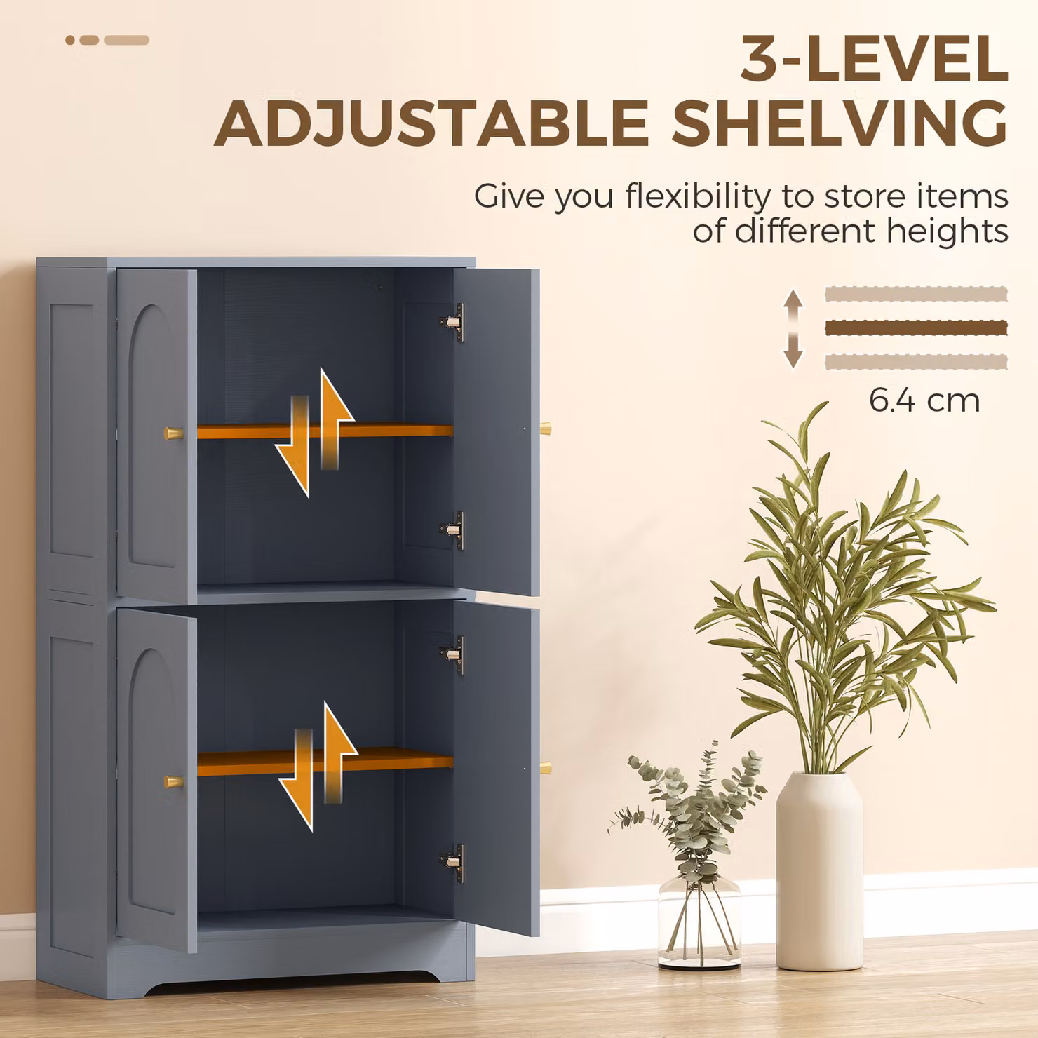 HOMCOM Modern Grey 4-Door Tall Kitchen Storage Cabinet with Gold Accents and Adjustable Internal Shelves – 4