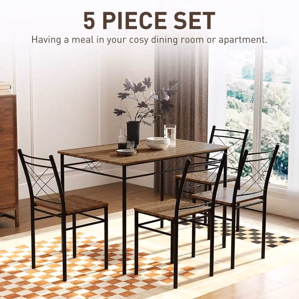 Wyld Haus Birutte 5 Piece Minimalist Dining Set in Black and Brown Oak Effect – 5