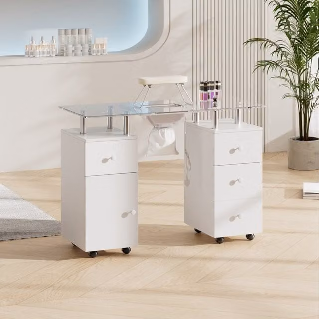 Komore Professional Mobile Nail Salon Table with Built-in Dust Collector and Glossy White Glass Top