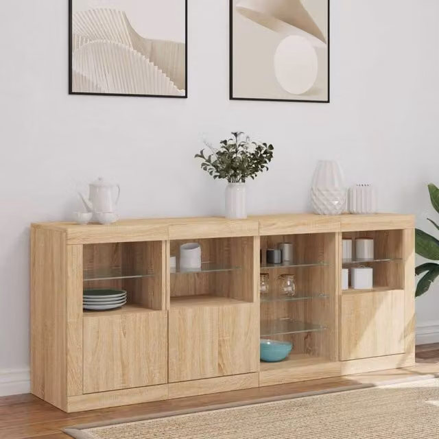 Berkfield Home Sonoma Oak Sideboard with Integrated LED Lights in Light Brown, W: 164 cm, D: 37 cm, H: 67 cm