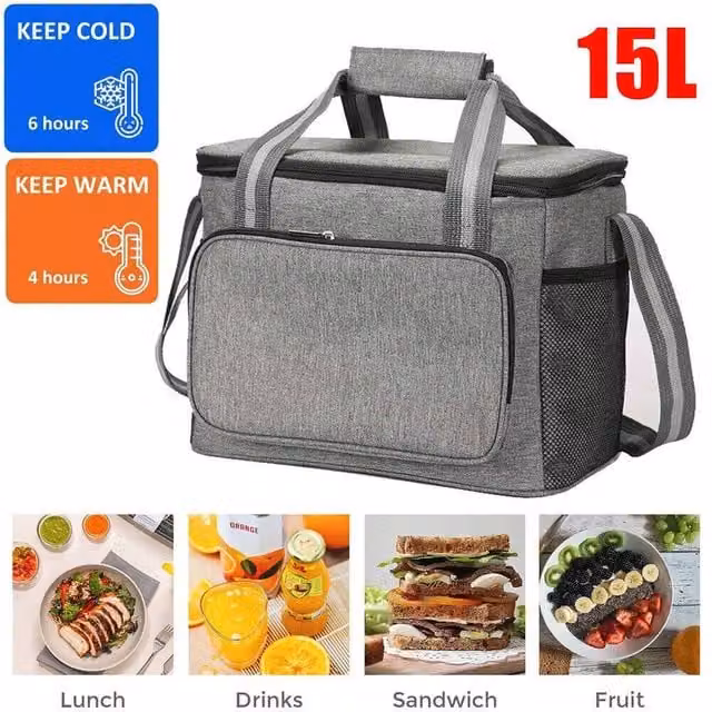 EONLION 15L Thermal Cooler Bag for Hot and Cold Food in Grey