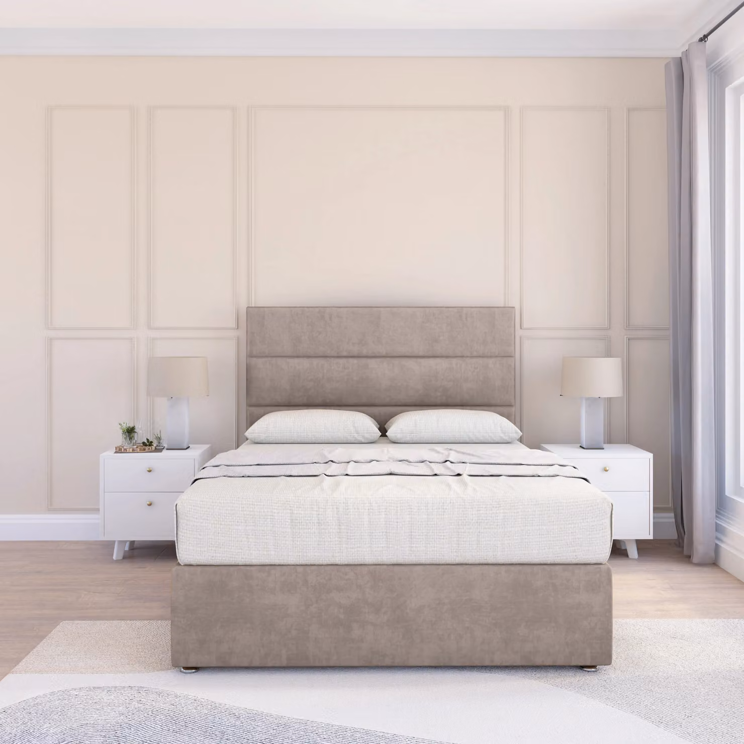 Sloomy Texas Super King Divan Bed Base with 26 inch Struts Headboard in Sand Fabric, W/D/H: 200 x 200 cm