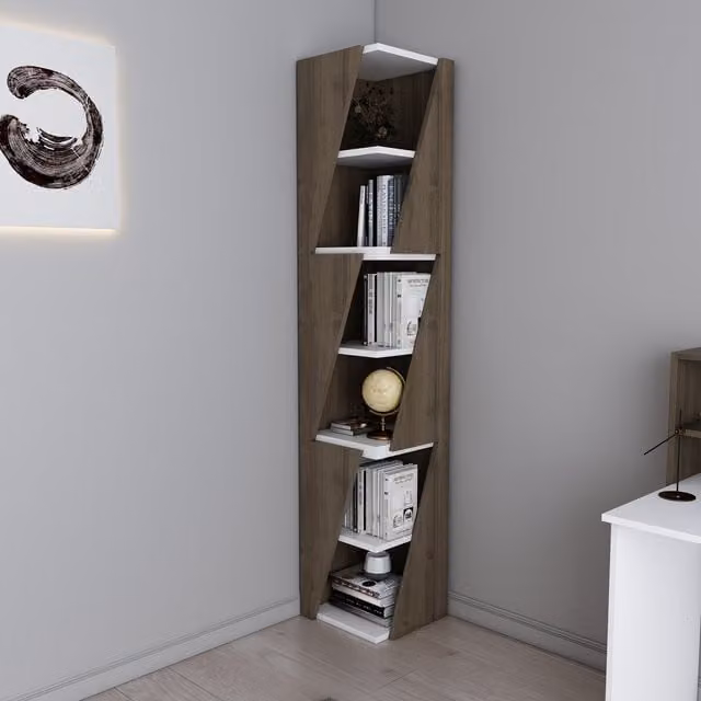 Decorotika Arrow 6-Tier Modern Corner Bookcase in Walnut and White, H: 165.0 x W: 31.8 x D: 31.8 cm