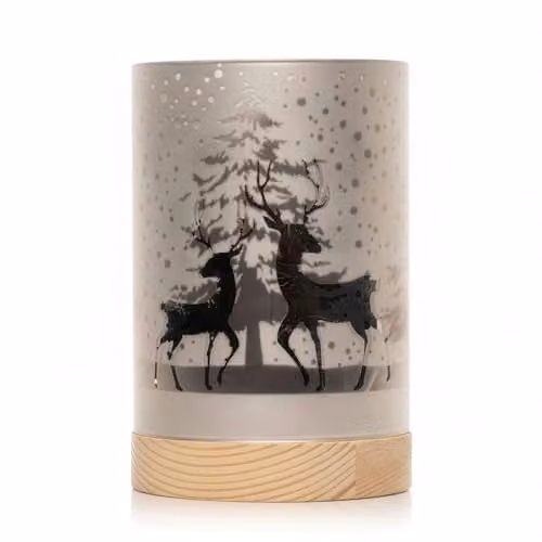 Shatchi Christmas Forest Snowfall Scene Silver Etched Glass Cylinder Table Lamp, Height: 15 cm – 1