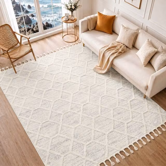 Livabliss Nora Geometric High Pile Fringe Rug in Grey and Brown, W: 160 cm, D: 215 cm