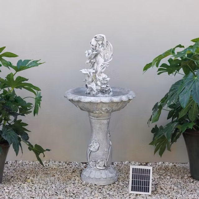 Primrose Solar Power Water Fairy Floral Pedestal Water Feature with LEDs in Grey