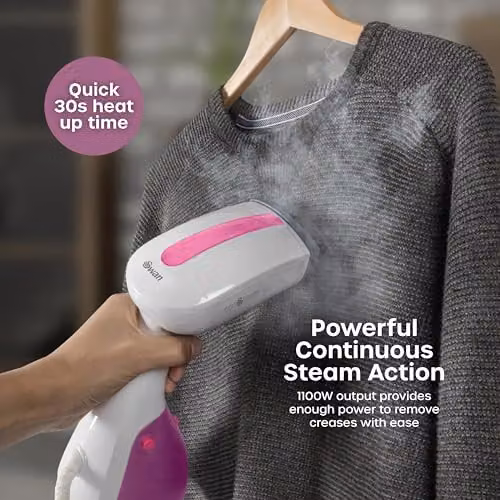 Swan Handheld Garment Steamer with Brush Attachment in White and Pink – 2