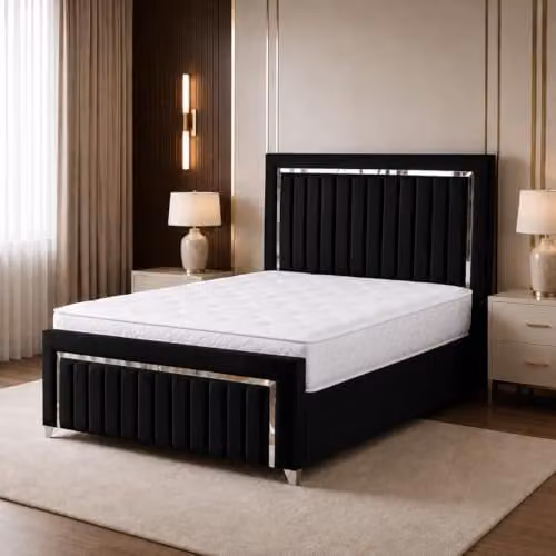 Living Comfort Bedz Zurich Plush Velvet Super King Bed in Black with Silver Trim and Vertical Lined Headboard and Footboard